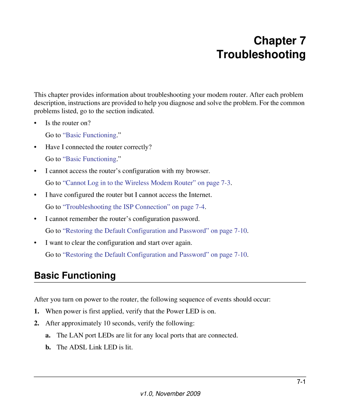 NETGEAR DGN3500-100NAS user manual Chapter Troubleshooting, Basic Functioning 