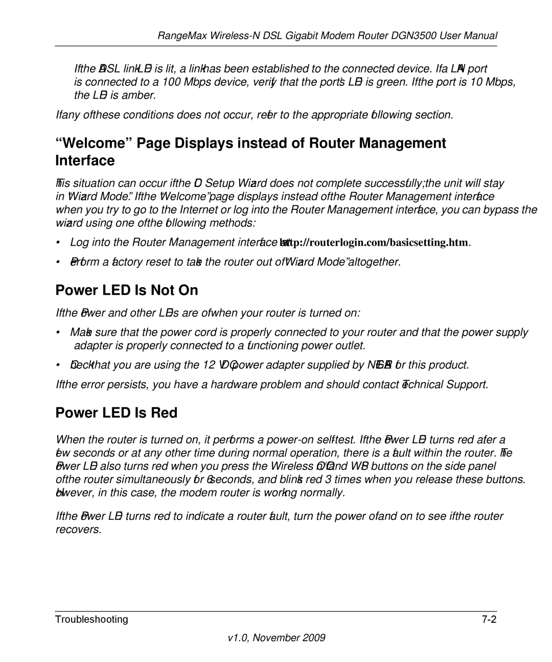 NETGEAR DGN3500-100NAS user manual Power LED Is Not On, Power LED Is Red 