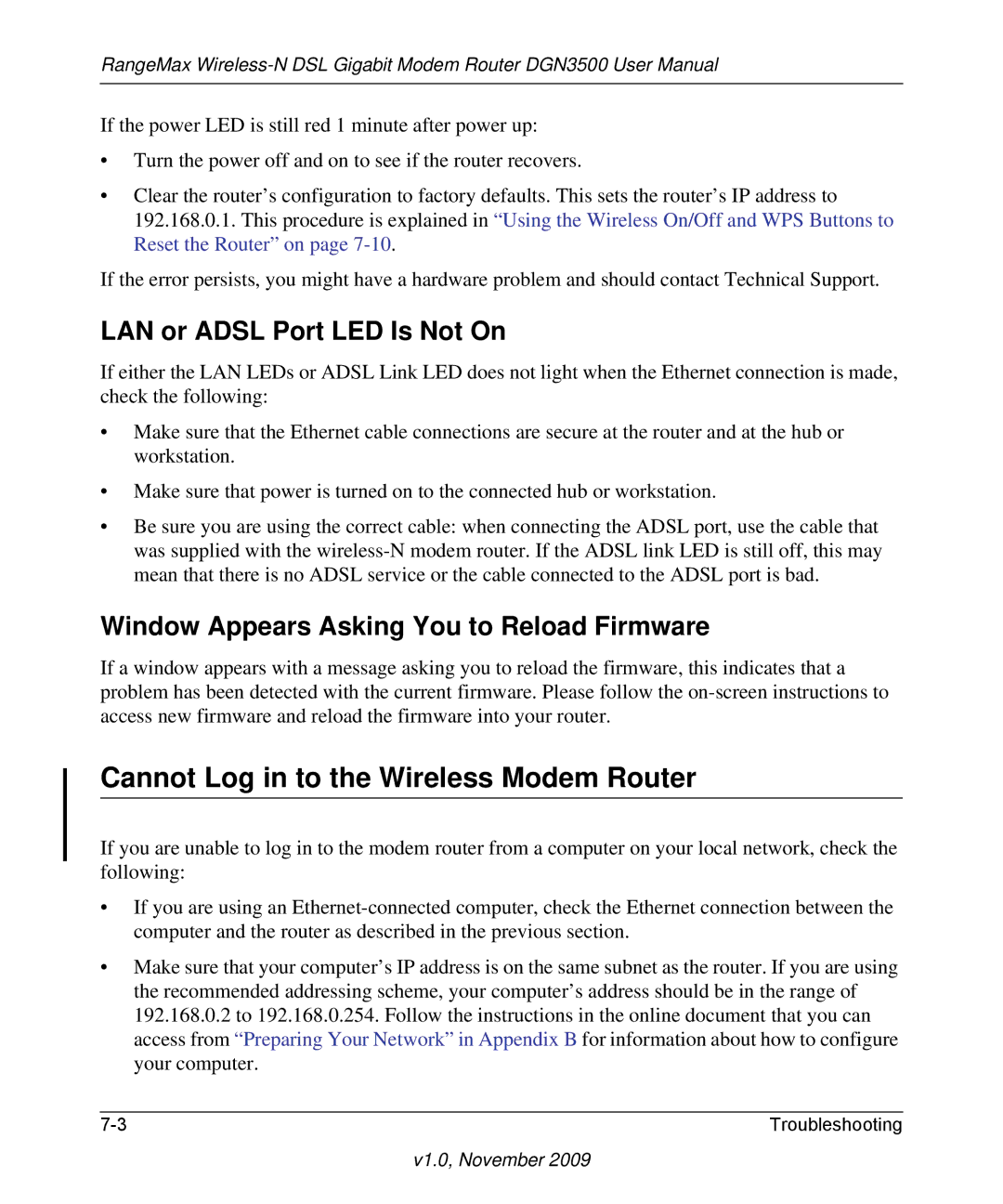 NETGEAR DGN3500-100NAS user manual Cannot Log in to the Wireless Modem Router, LAN or Adsl Port LED Is Not On 