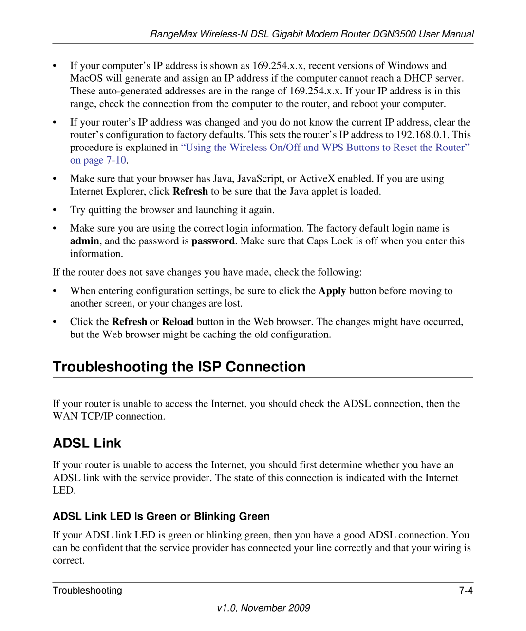 NETGEAR DGN3500-100NAS user manual Troubleshooting the ISP Connection, Adsl Link 