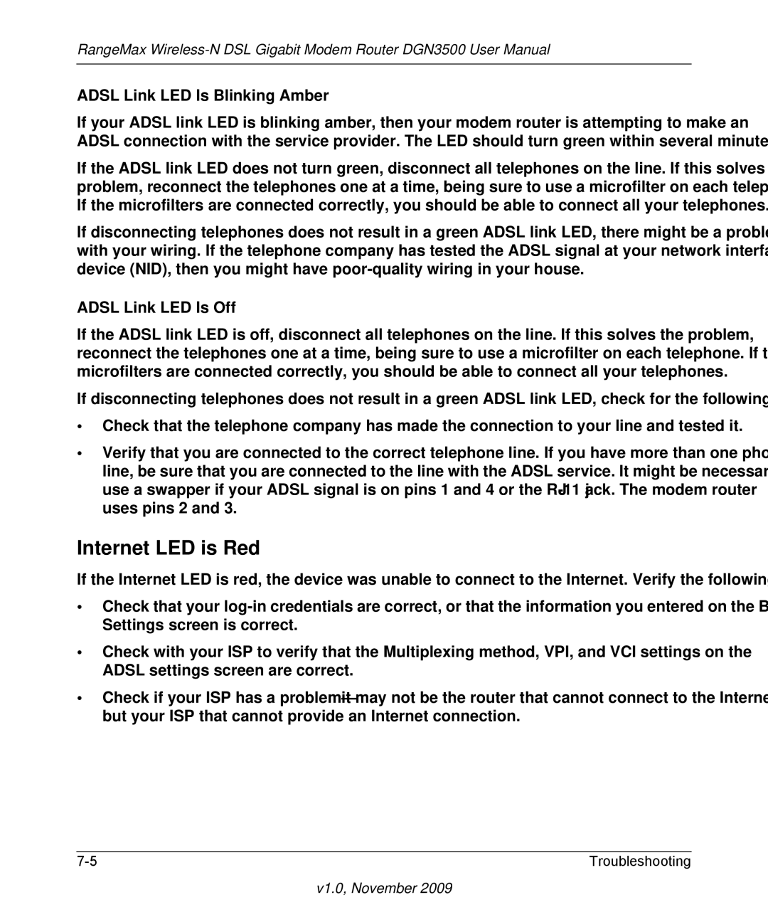 NETGEAR DGN3500-100NAS user manual Internet LED is Red, Adsl Link LED Is Blinking Amber 