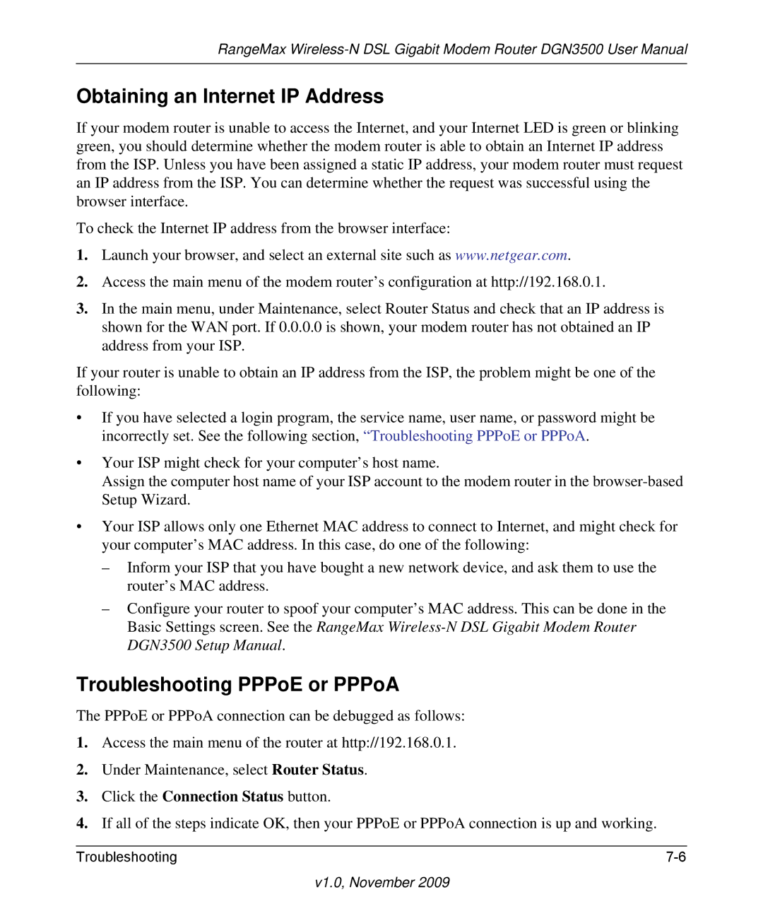 NETGEAR DGN3500-100NAS user manual Obtaining an Internet IP Address, Troubleshooting PPPoE or PPPoA 