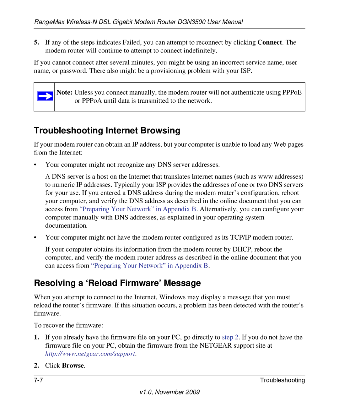 NETGEAR DGN3500-100NAS user manual Troubleshooting Internet Browsing, Resolving a ‘Reload Firmware’ Message 