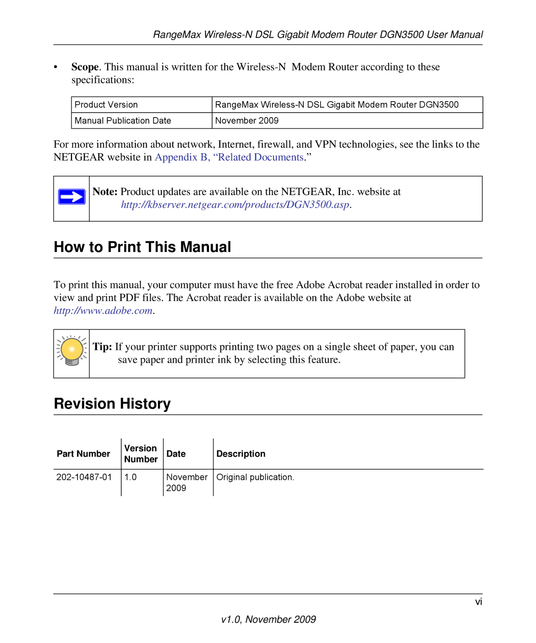 NETGEAR DGN3500-100NAS user manual How to Print This Manual, Revision History 