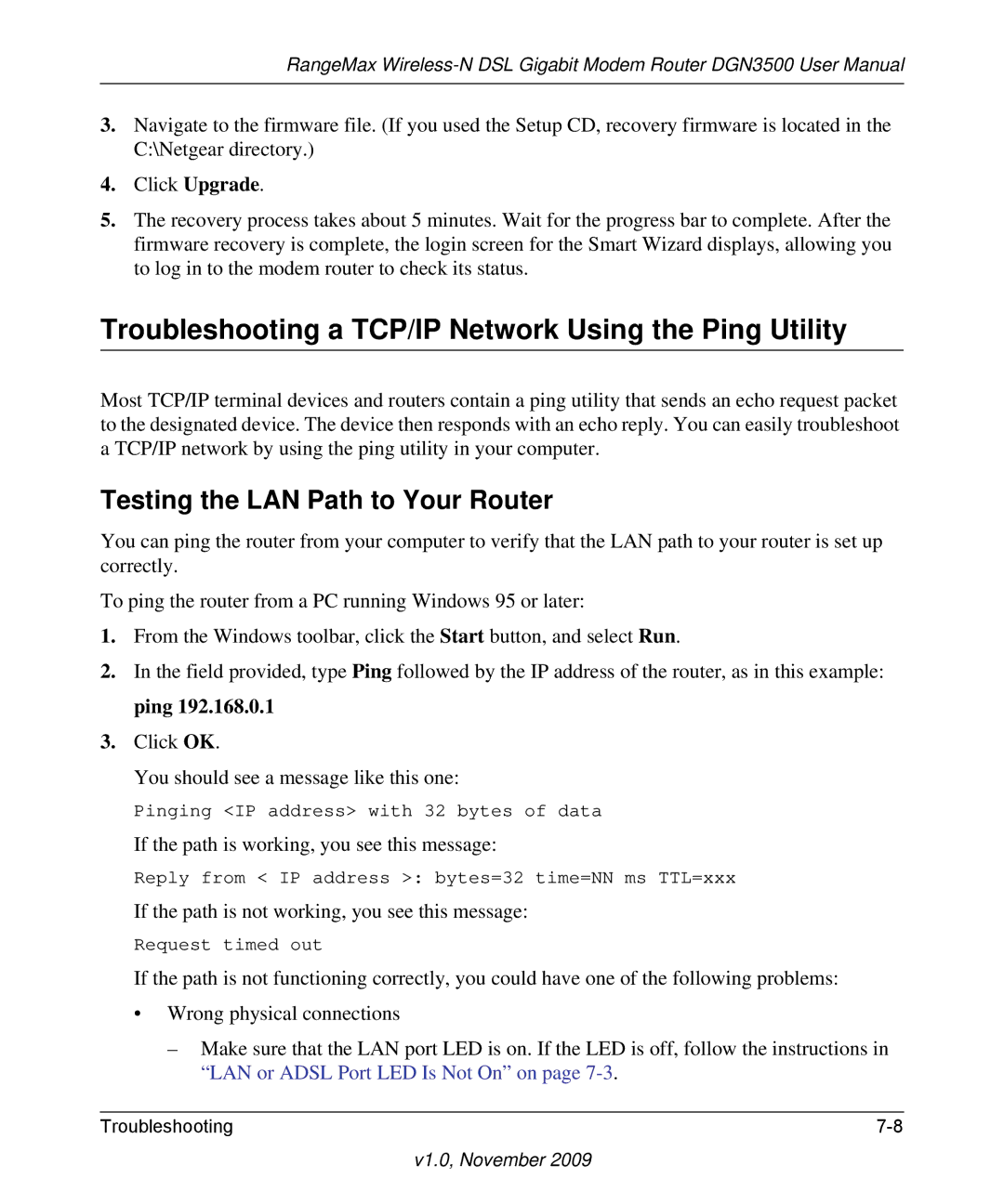 NETGEAR DGN3500-100NAS Troubleshooting a TCP/IP Network Using the Ping Utility, Testing the LAN Path to Your Router 