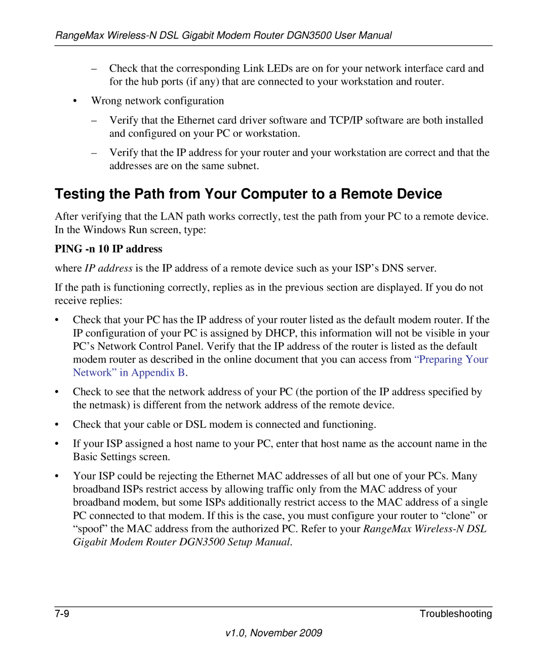 NETGEAR DGN3500-100NAS user manual Testing the Path from Your Computer to a Remote Device, Ping -n 10 IP address 