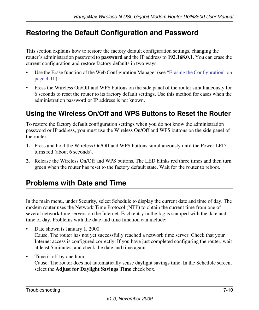 NETGEAR DGN3500-100NAS user manual Restoring the Default Configuration and Password, Problems with Date and Time 