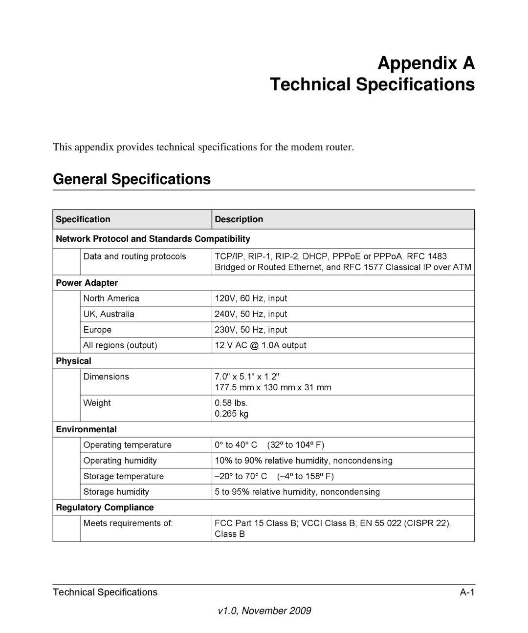 NETGEAR DGN3500-100NAS user manual Appendix a Technical Specifications, General Specifications 