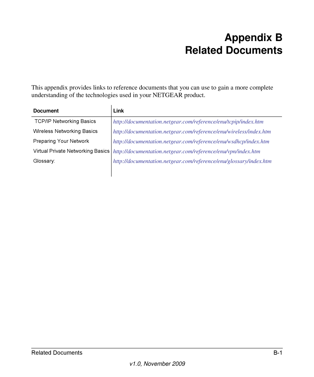 NETGEAR DGN3500-100NAS user manual Appendix B Related Documents, Document Link 