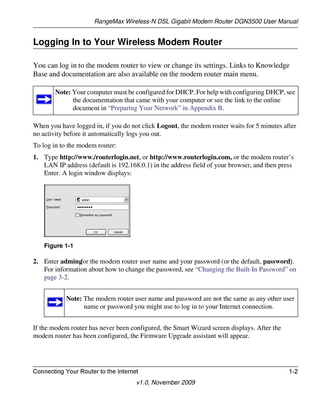 NETGEAR DGN3500-100NAS user manual Logging In to Your Wireless Modem Router 