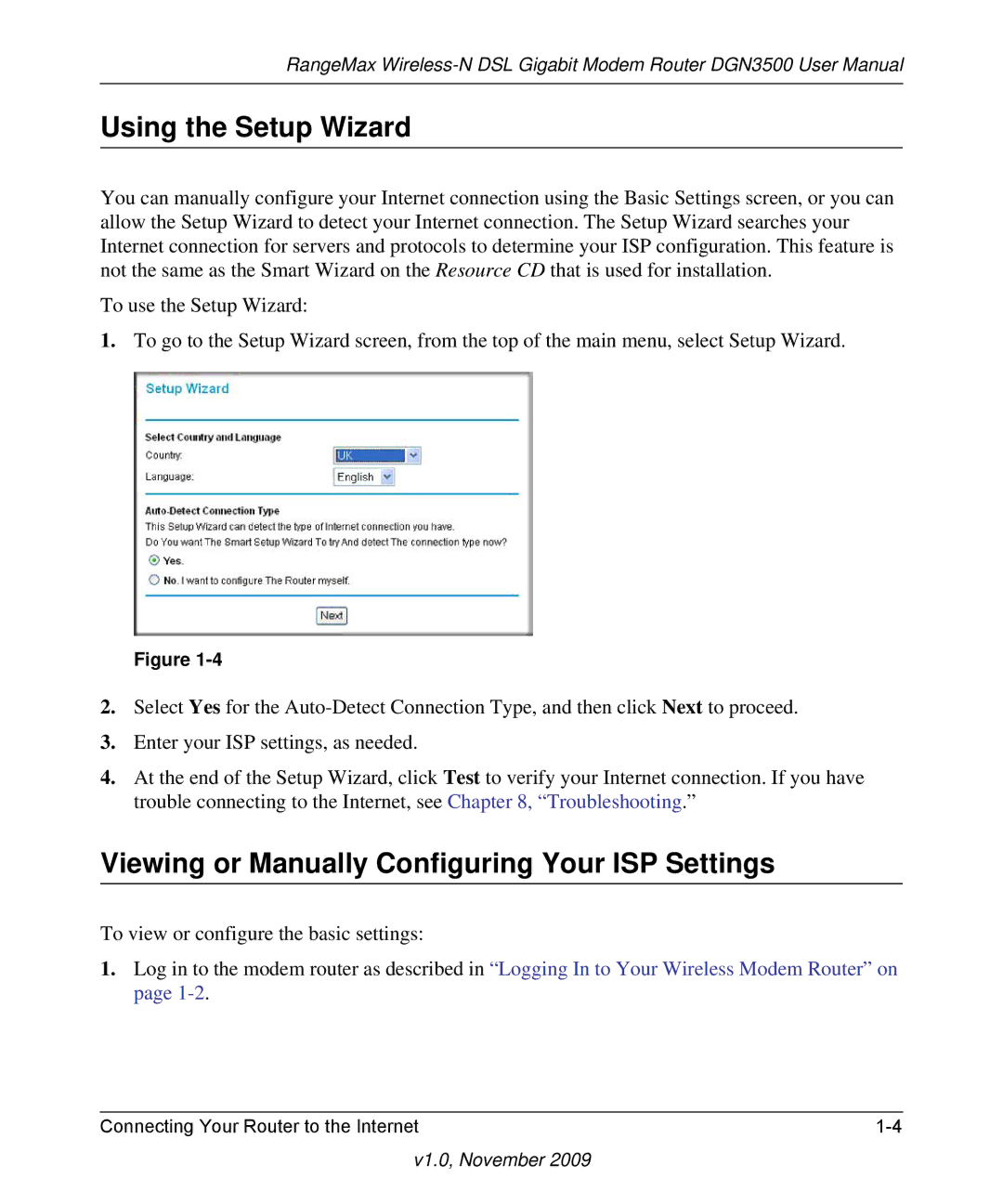 NETGEAR DGN3500-100NAS user manual Using the Setup Wizard, Viewing or Manually Configuring Your ISP Settings 