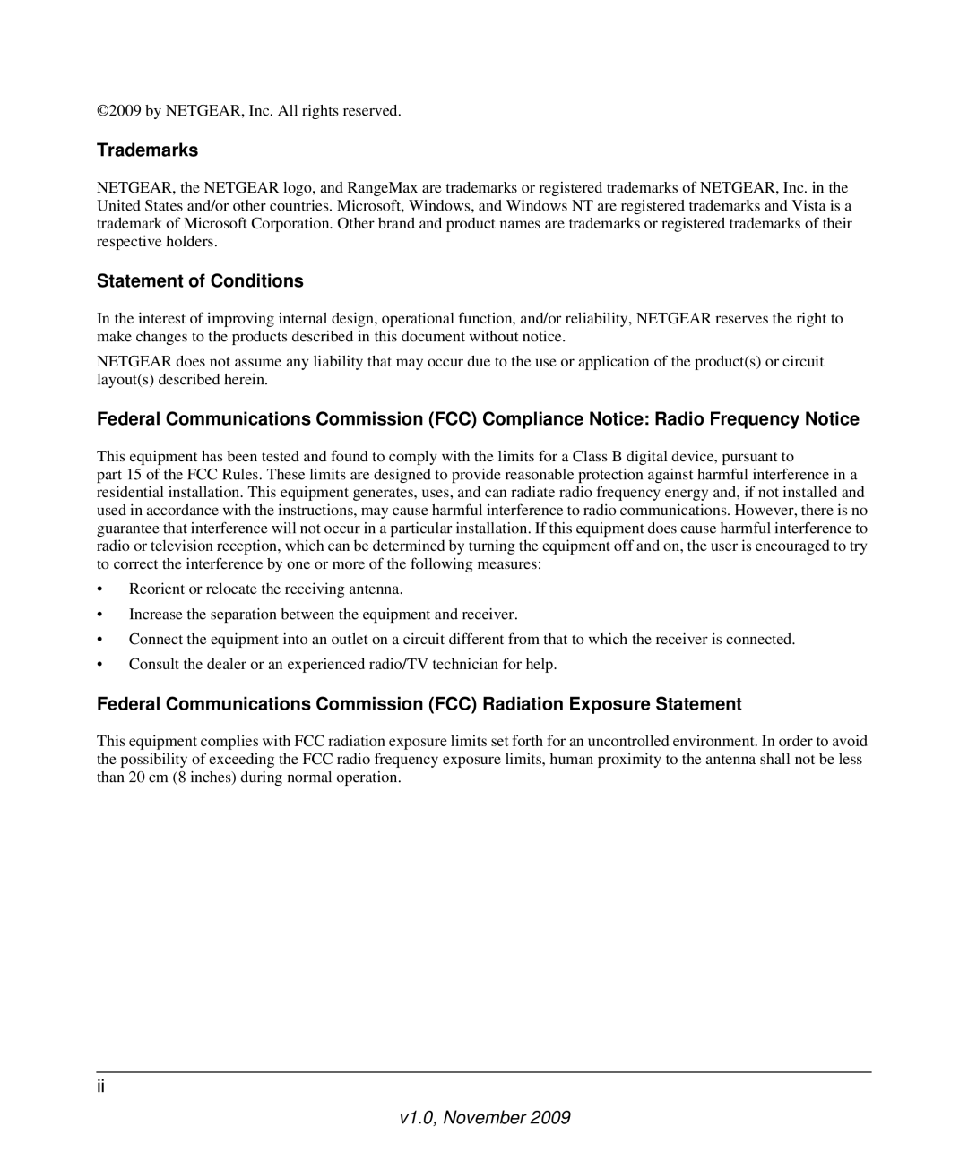 NETGEAR DGN3500-100NAS user manual Trademarks, Statement of Conditions 