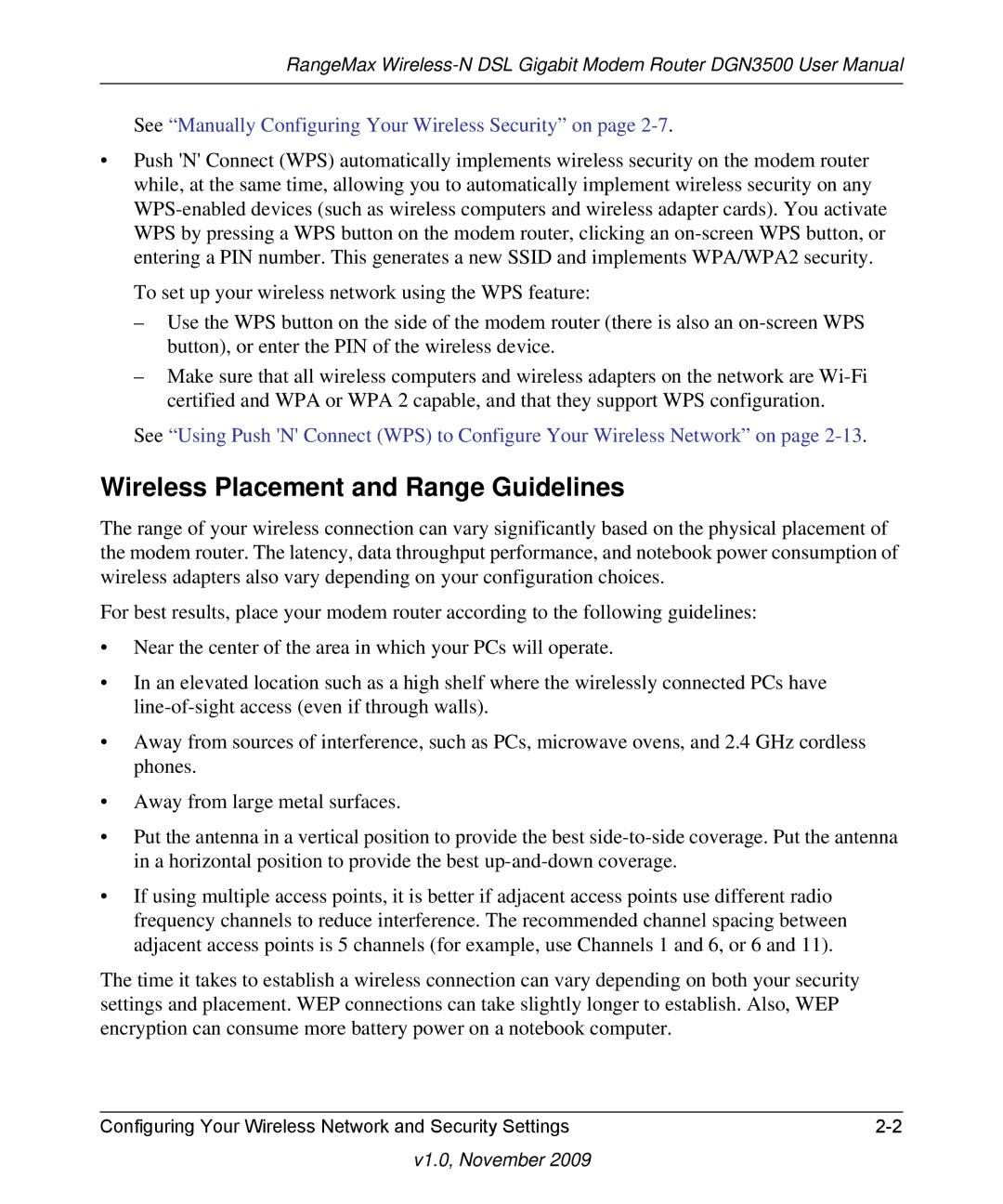 NETGEAR DGN3500-100NAS Wireless Placement and Range Guidelines, See Manually Configuring Your Wireless Security on 