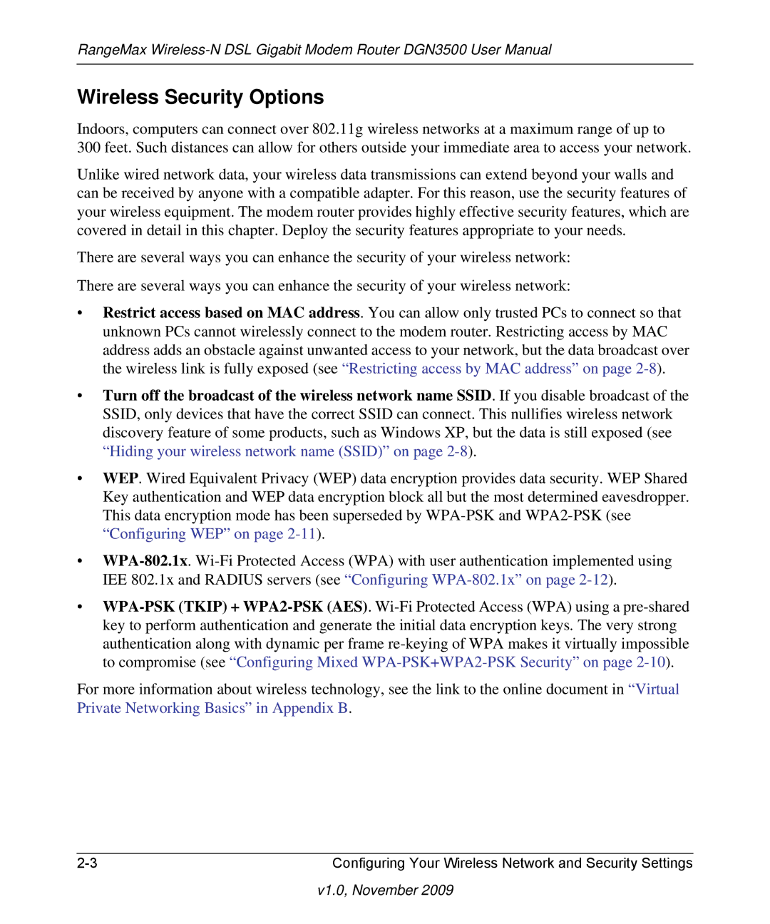 NETGEAR DGN3500-100NAS user manual Wireless Security Options 