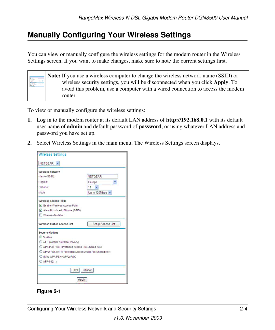 NETGEAR DGN3500-100NAS user manual Manually Configuring Your Wireless Settings 