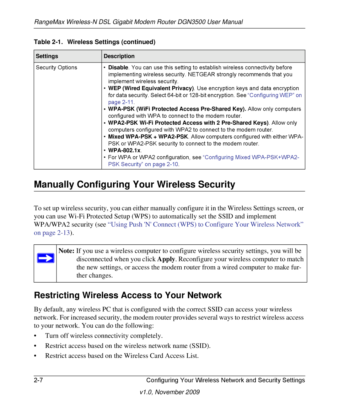 NETGEAR DGN3500-100NAS user manual Manually Configuring Your Wireless Security, Restricting Wireless Access to Your Network 