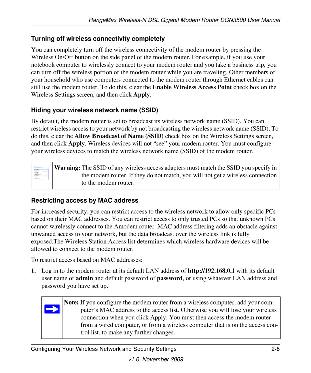 NETGEAR DGN3500-100NAS user manual Turning off wireless connectivity completely 