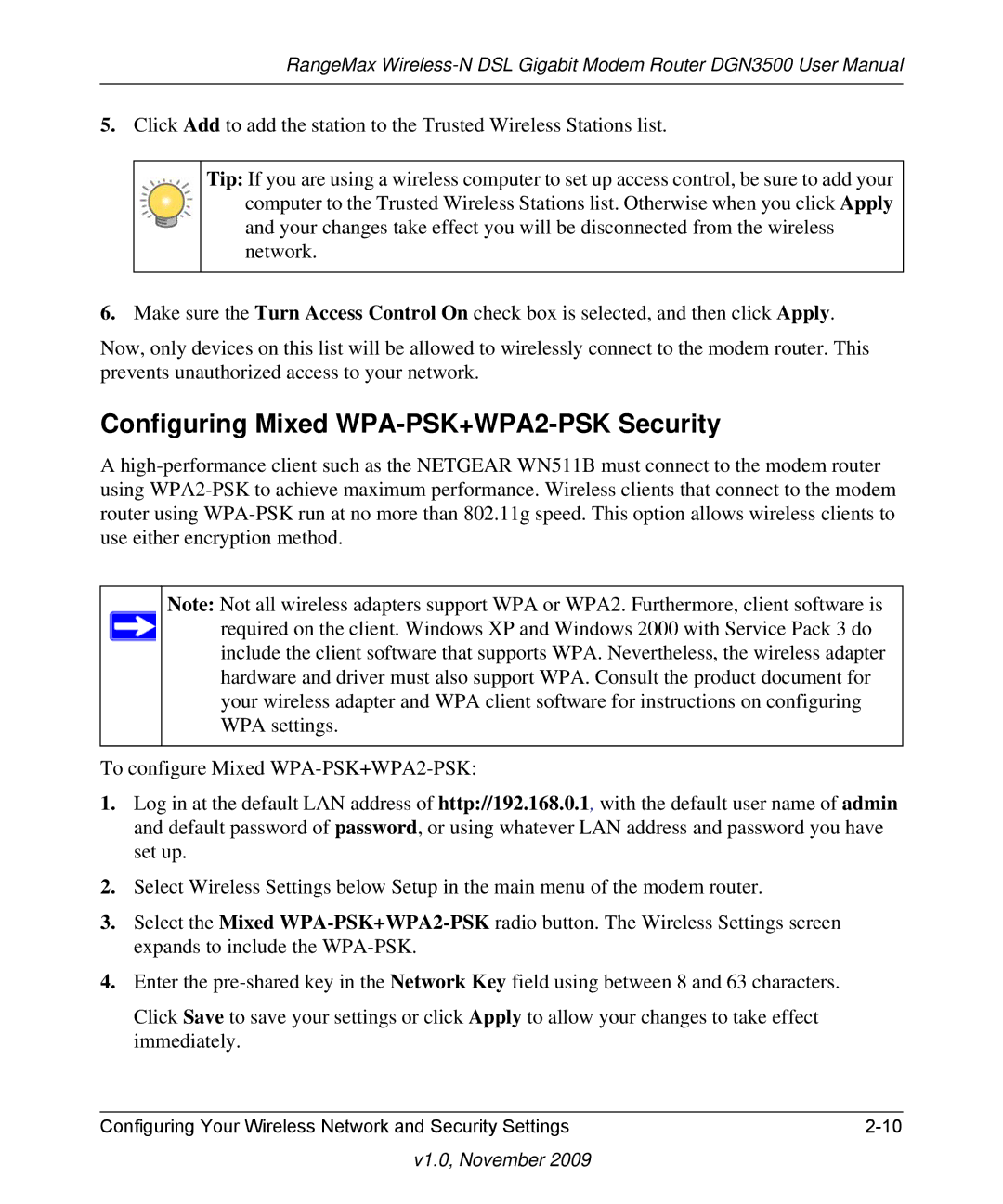 NETGEAR DGN3500-100NAS user manual Configuring Mixed WPA-PSK+WPA2-PSK Security 