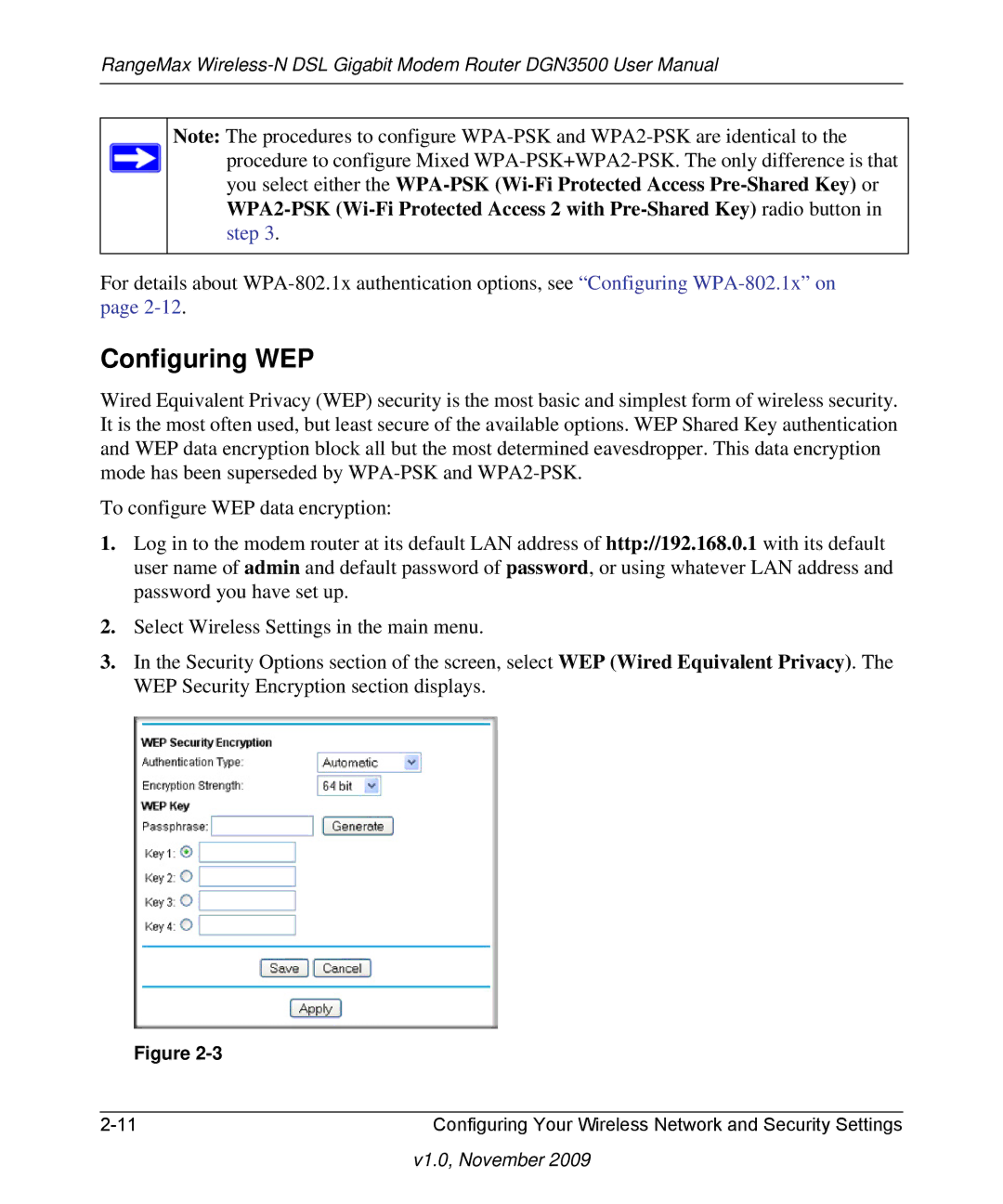 NETGEAR DGN3500-100NAS user manual Configuring WEP 