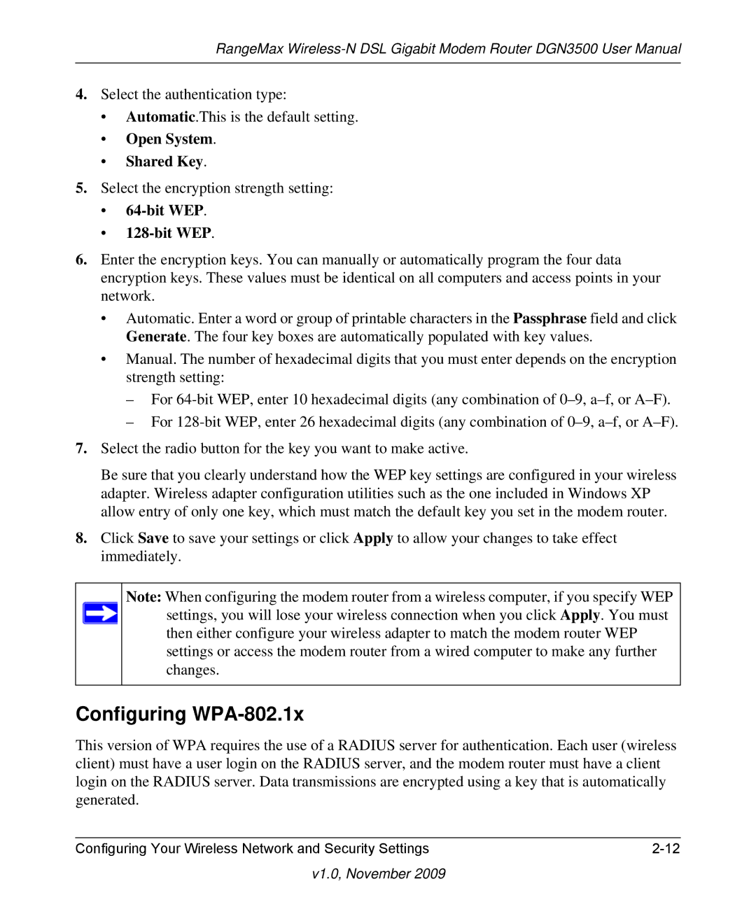 NETGEAR DGN3500-100NAS user manual Configuring WPA-802.1x, Bit WEP 