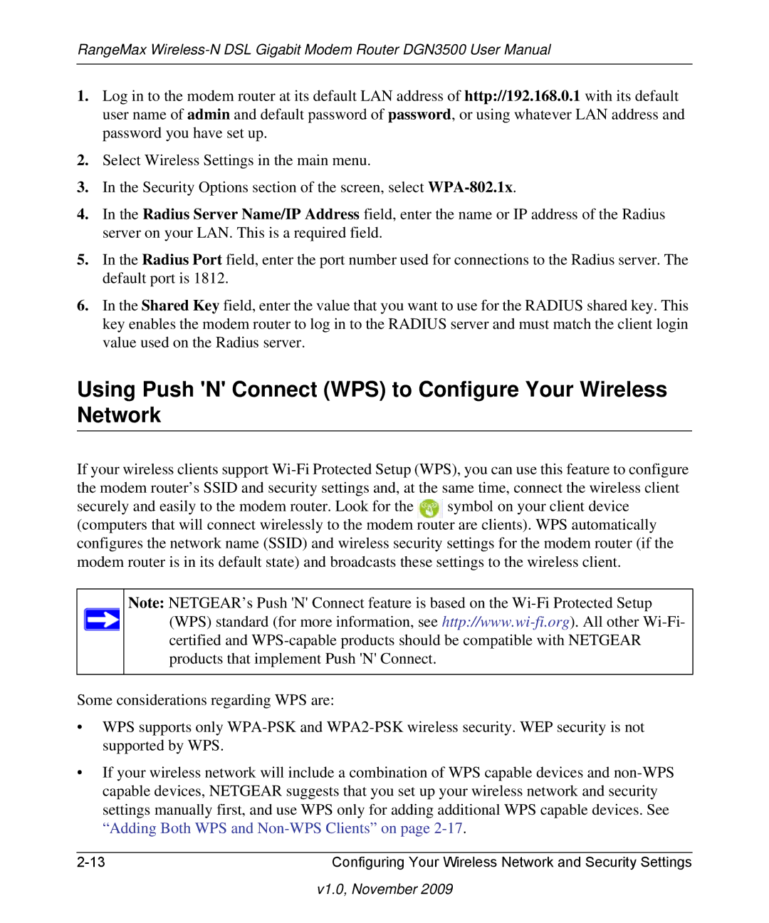 NETGEAR DGN3500-100NAS user manual Using Push N Connect WPS to Configure Your Wireless Network 