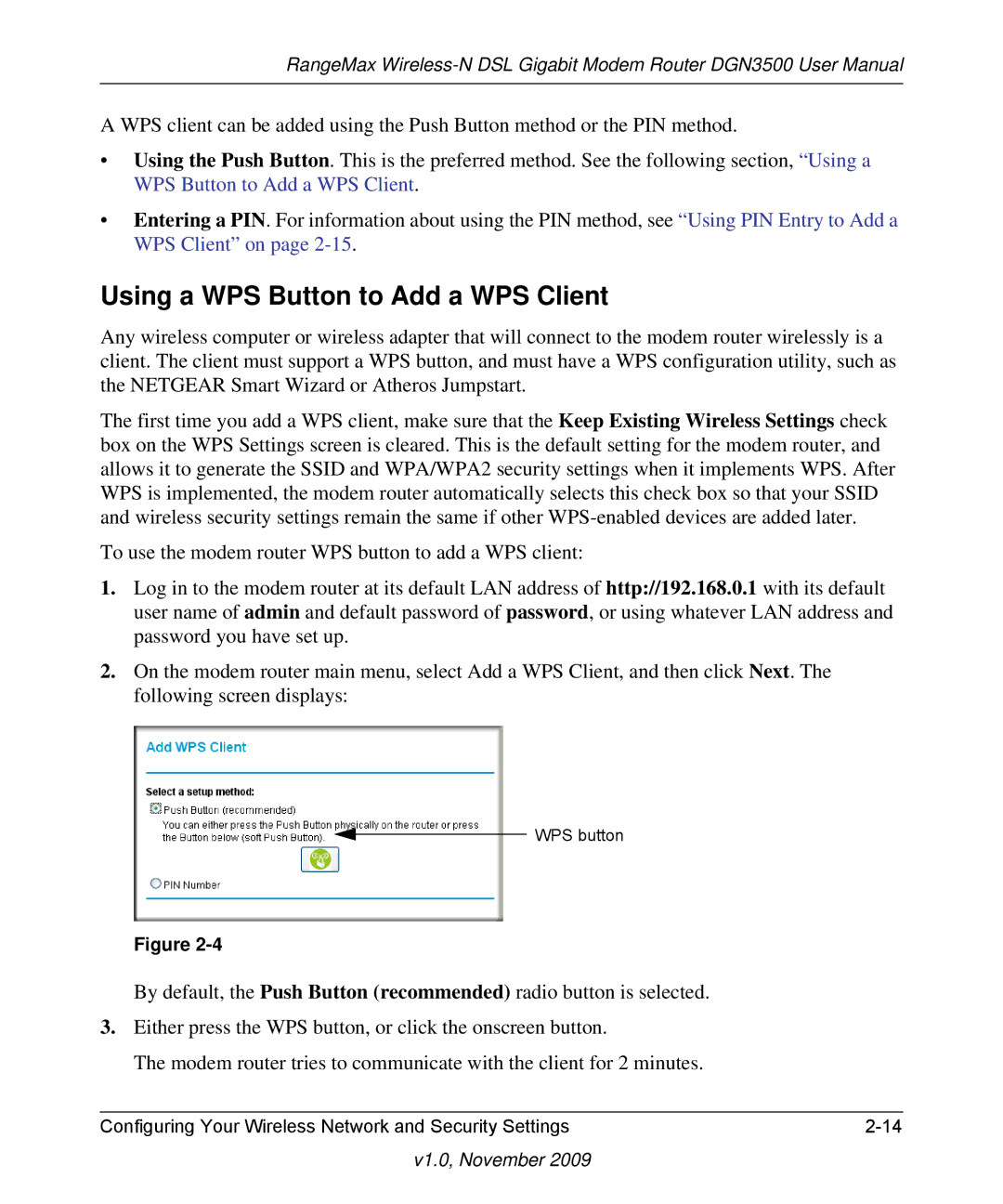 NETGEAR DGN3500-100NAS user manual Using a WPS Button to Add a WPS Client 