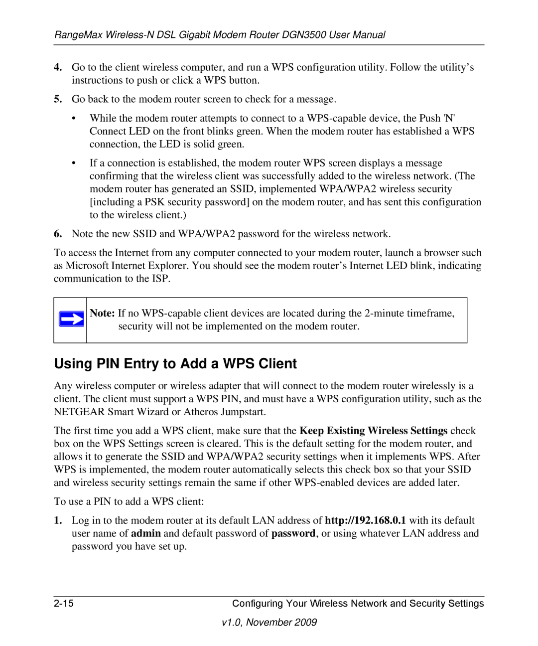 NETGEAR DGN3500-100NAS user manual Using PIN Entry to Add a WPS Client 