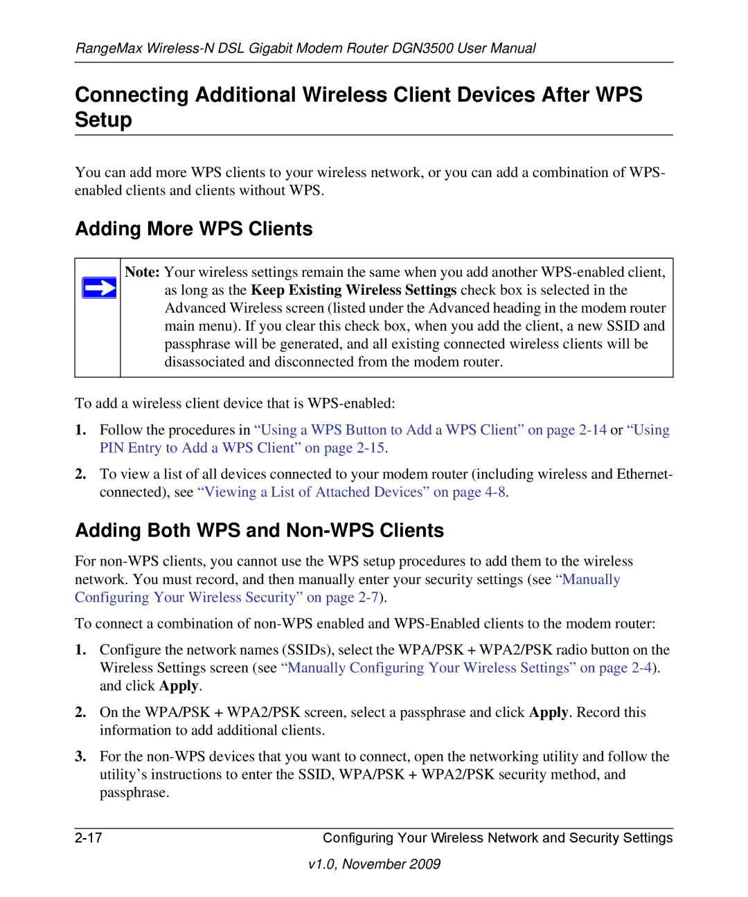 NETGEAR DGN3500-100NAS user manual Adding More WPS Clients, Adding Both WPS and Non-WPS Clients 