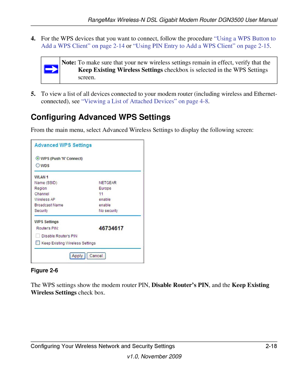 NETGEAR DGN3500-100NAS user manual Configuring Advanced WPS Settings 