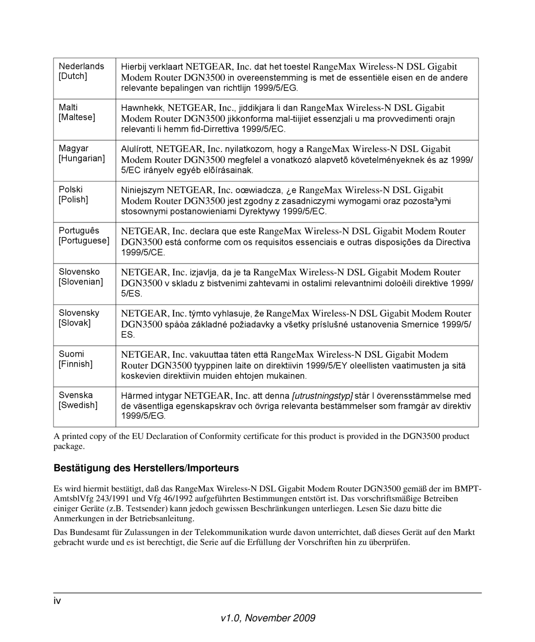 NETGEAR DGN3500-100NAS user manual Bestätigung des Herstellers/Importeurs, 1999/5/EG 