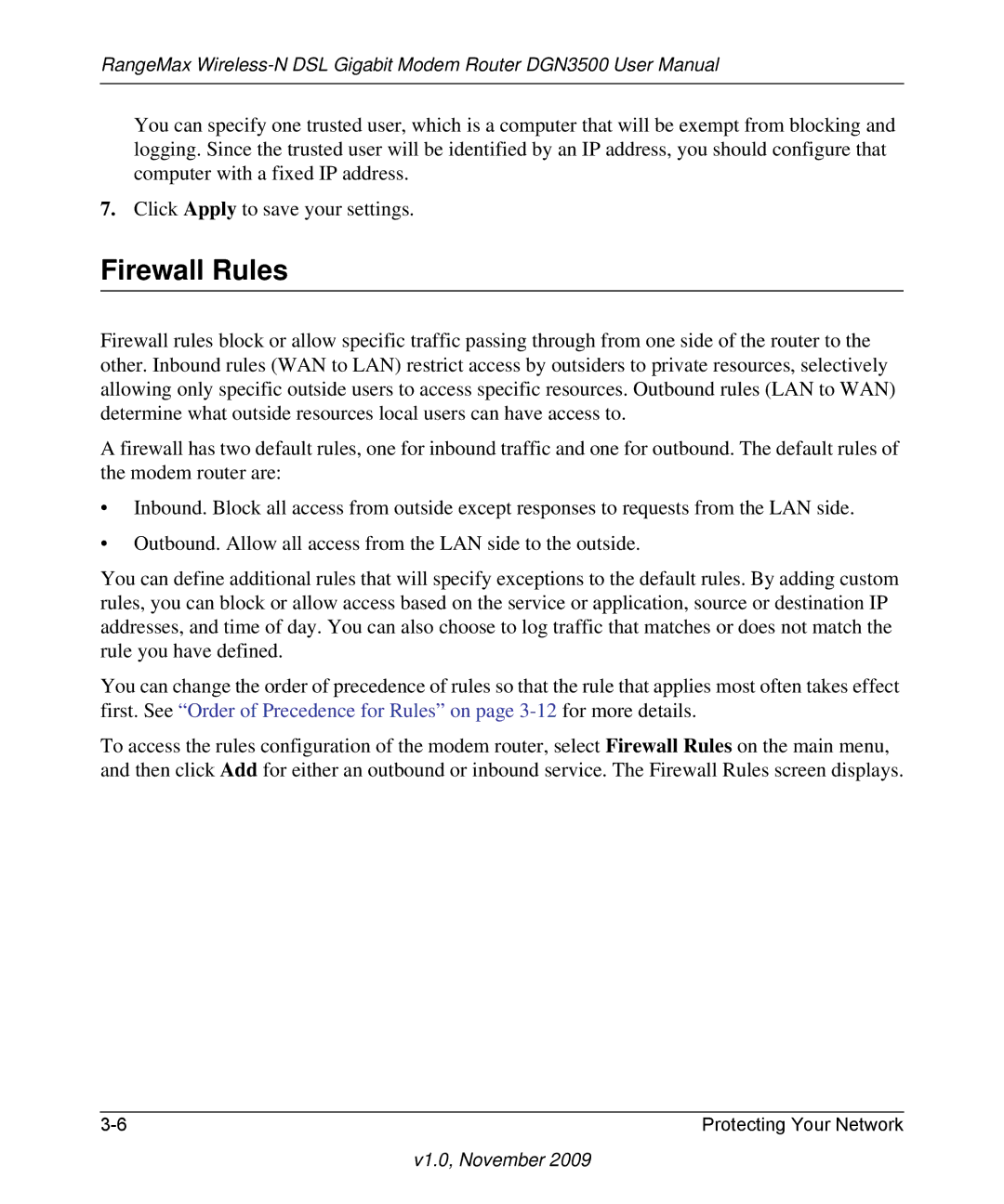 NETGEAR DGN3500-100NAS user manual Firewall Rules 