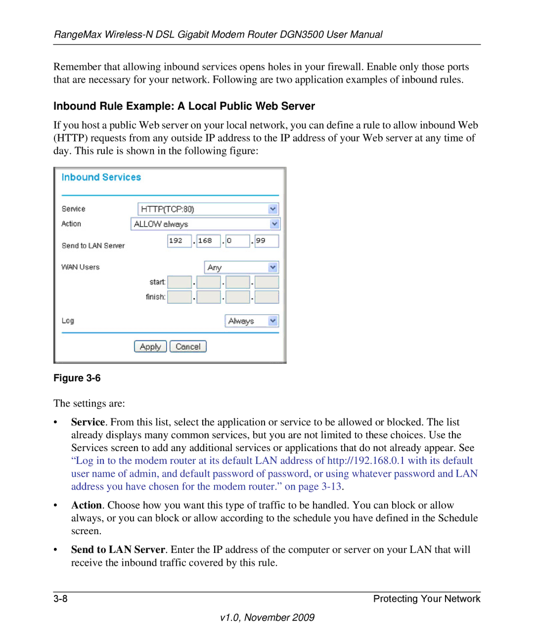 NETGEAR DGN3500-100NAS user manual Inbound Rule Example a Local Public Web Server 