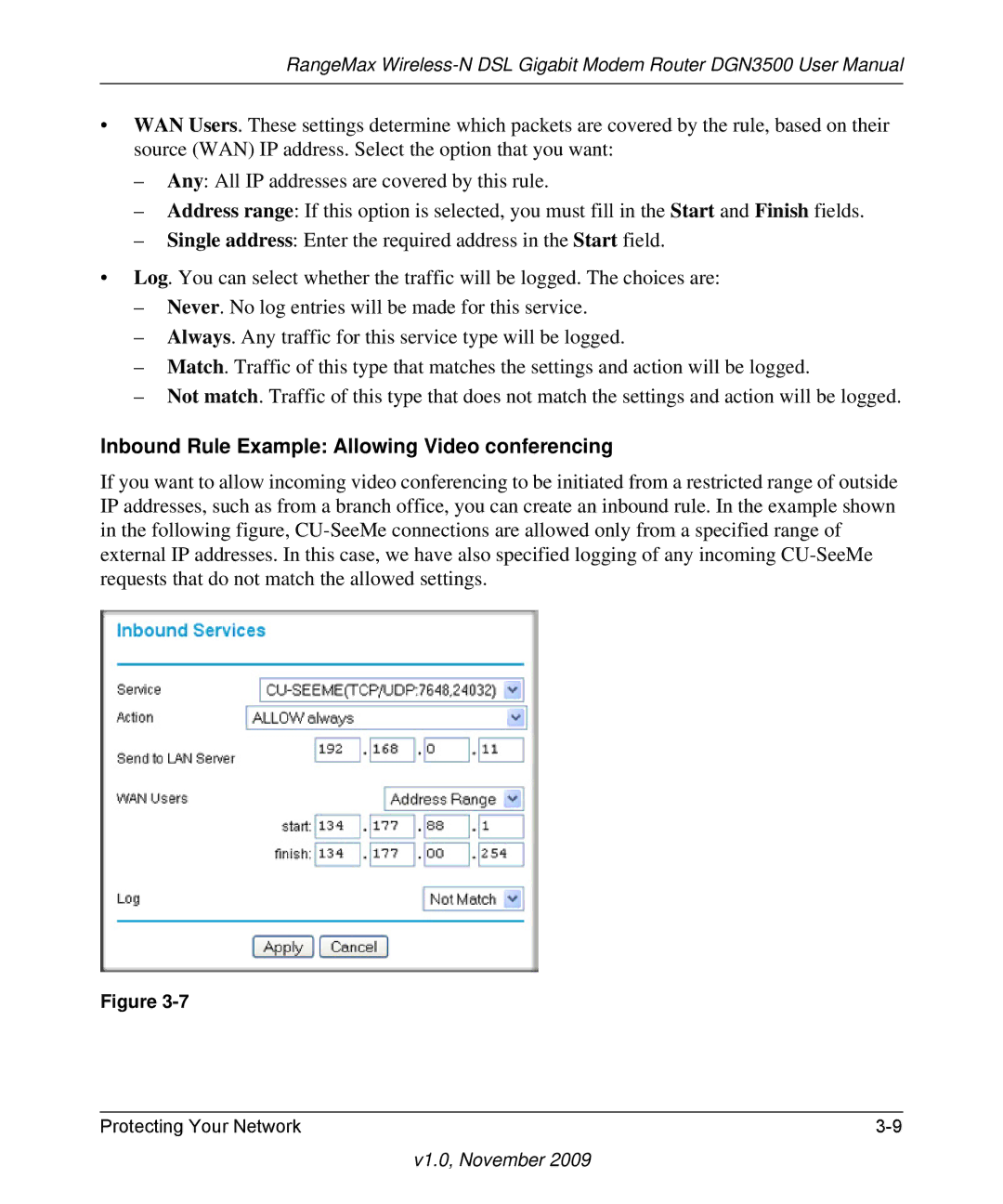 NETGEAR DGN3500-100NAS user manual Inbound Rule Example Allowing Video conferencing 