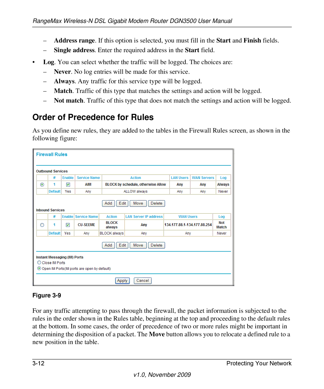 NETGEAR DGN3500-100NAS user manual Order of Precedence for Rules 