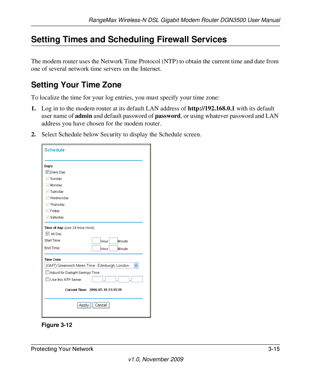 NETGEAR DGN3500-100NAS user manual Setting Times and Scheduling Firewall Services, Setting Your Time Zone 