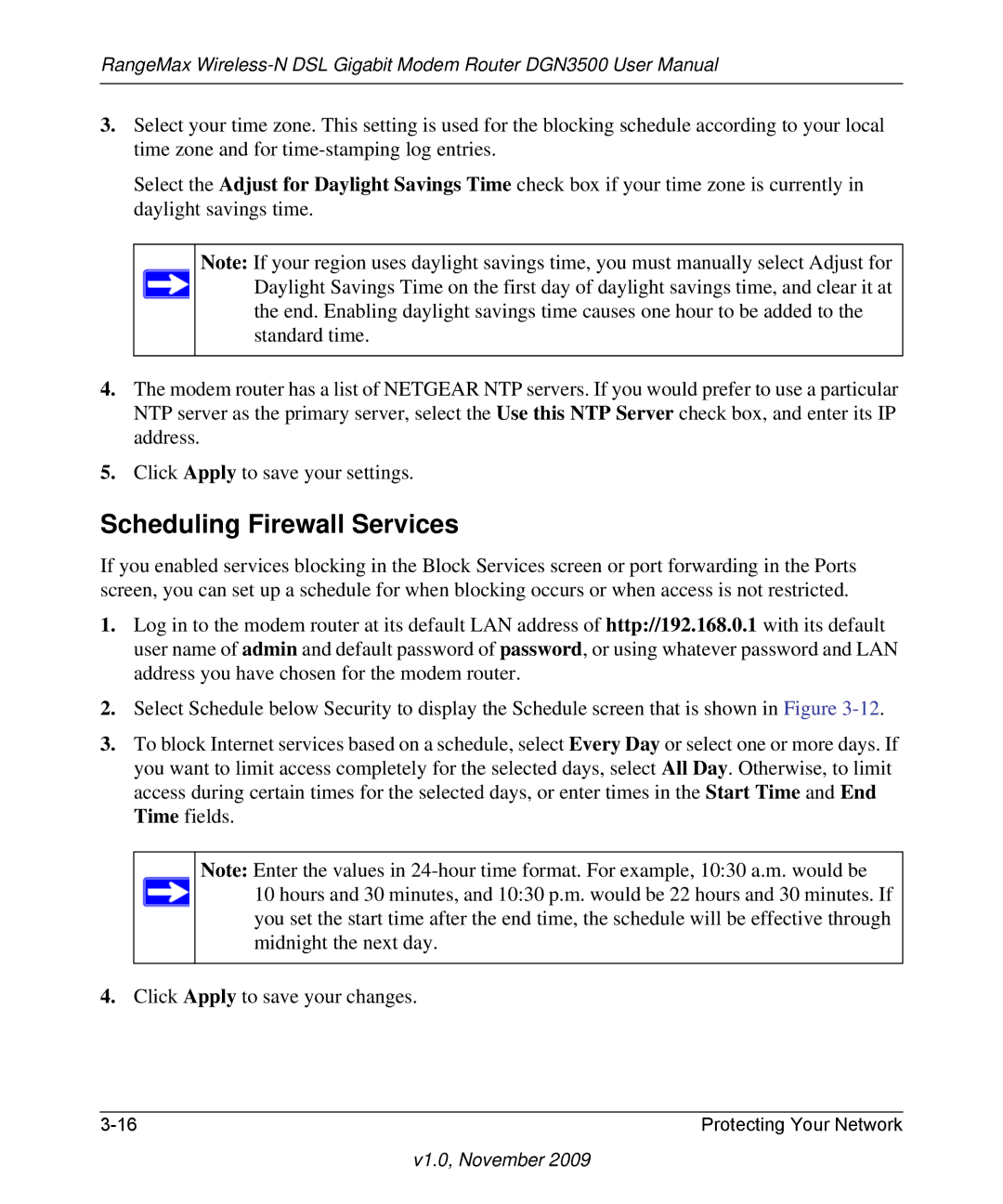 NETGEAR DGN3500-100NAS user manual Scheduling Firewall Services 