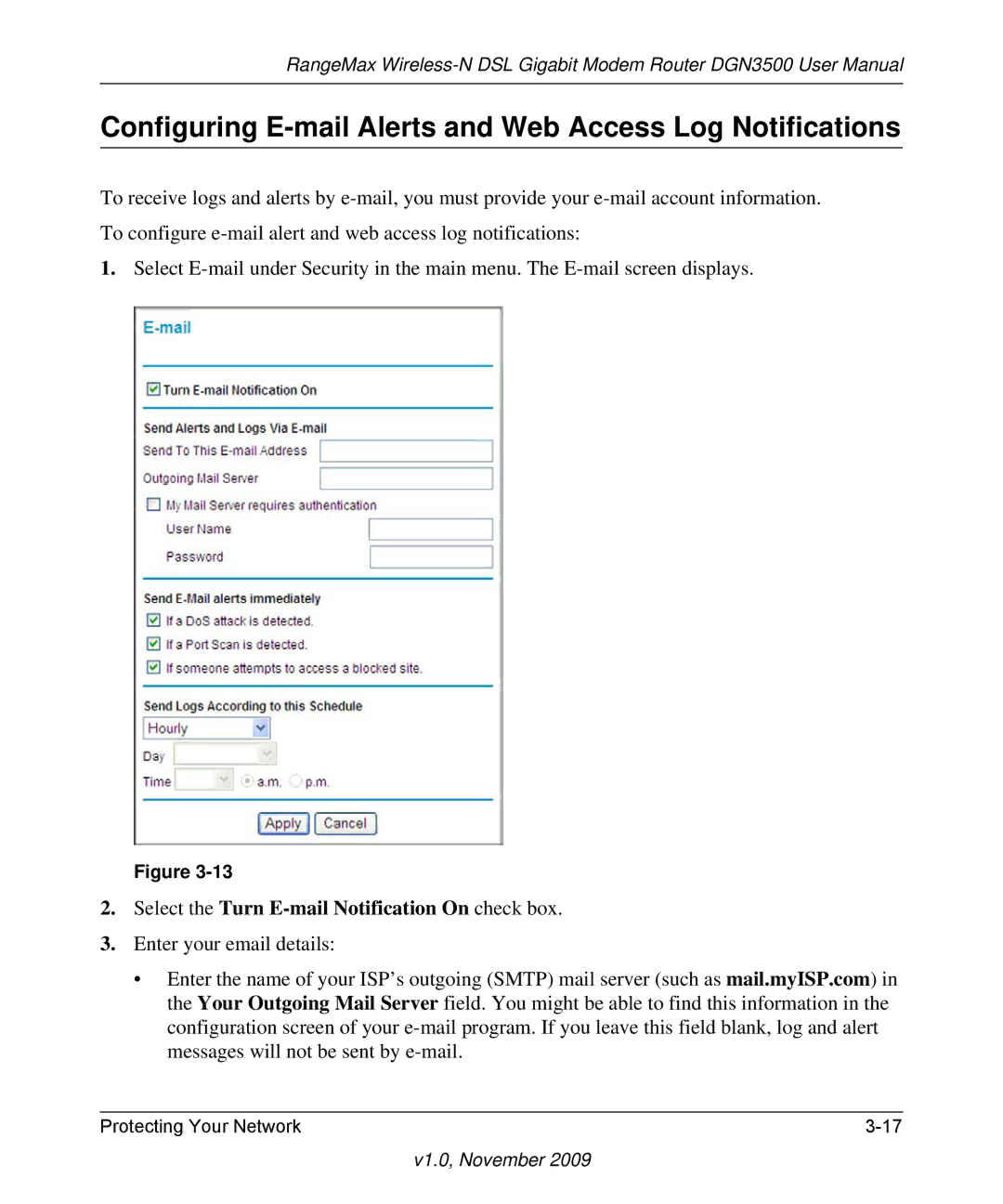 NETGEAR DGN3500-100NAS user manual Configuring E-mail Alerts and Web Access Log Notifications 