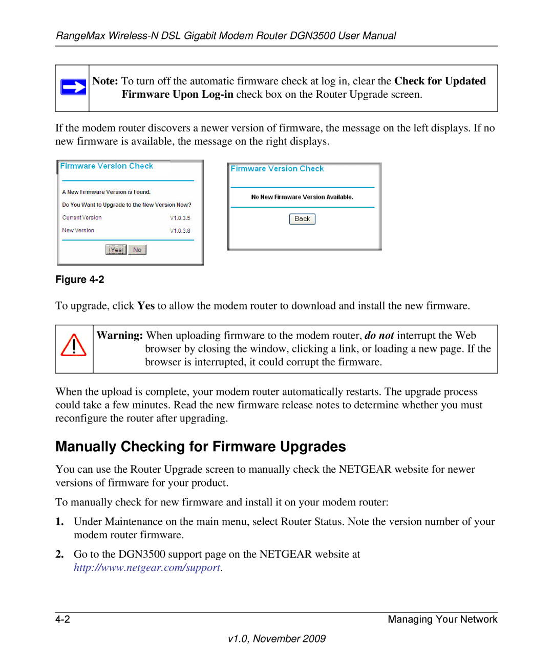 NETGEAR DGN3500-100NAS user manual Manually Checking for Firmware Upgrades 