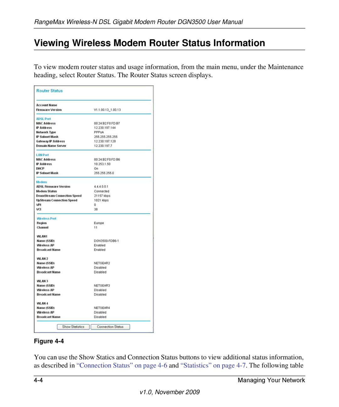 NETGEAR DGN3500-100NAS user manual Viewing Wireless Modem Router Status Information 