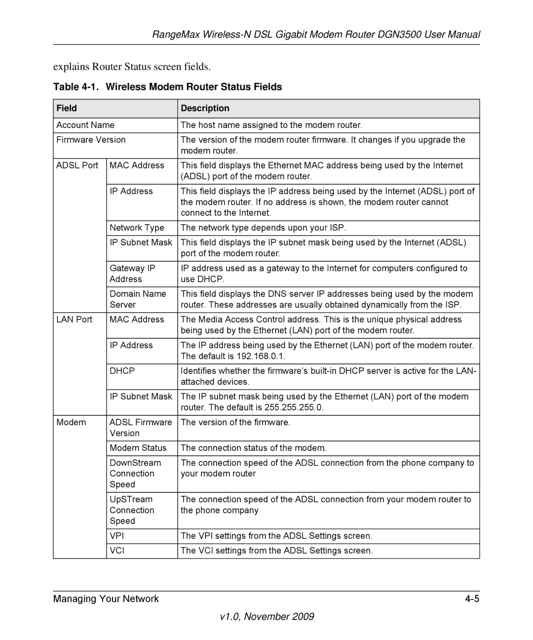 NETGEAR DGN3500-100NAS user manual Explains Router Status screen fields, Wireless Modem Router Status Fields 