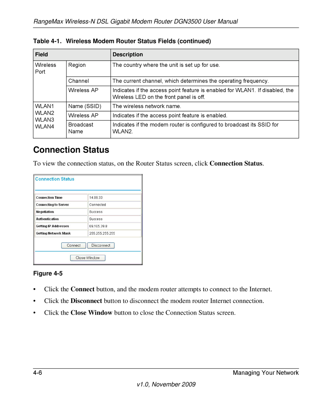 NETGEAR DGN3500-100NAS user manual Connection Status 