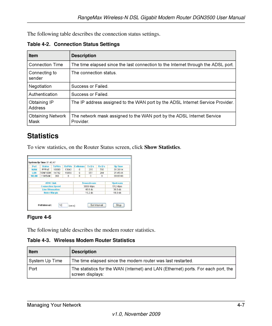 NETGEAR DGN3500-100NAS user manual Connection Status Settings, Wireless Modem Router Statistics 