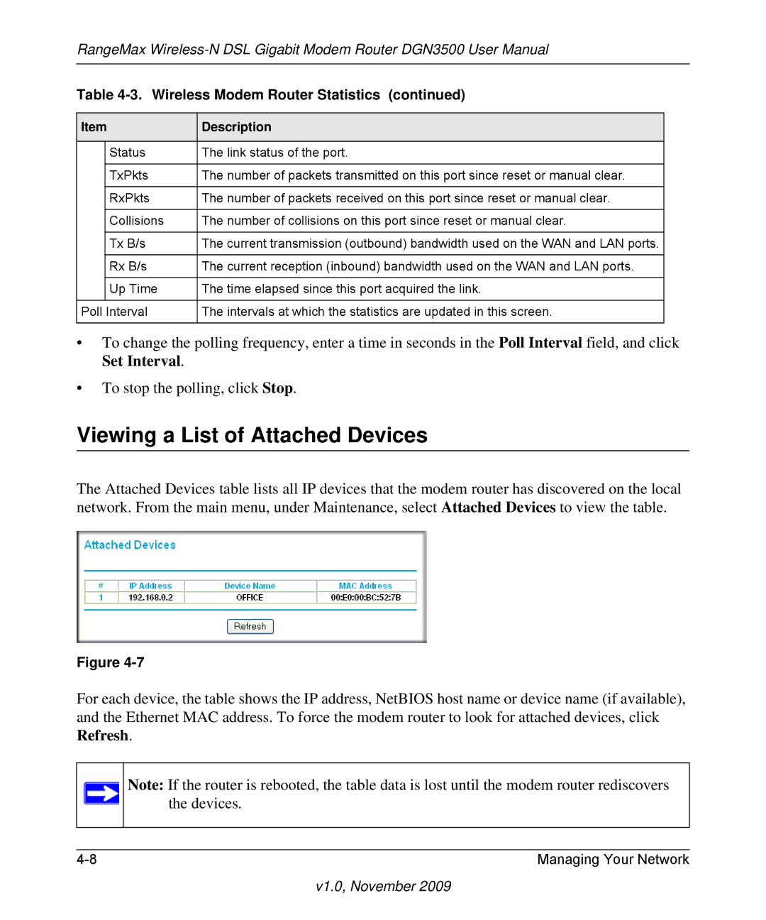 NETGEAR DGN3500-100NAS user manual Viewing a List of Attached Devices 