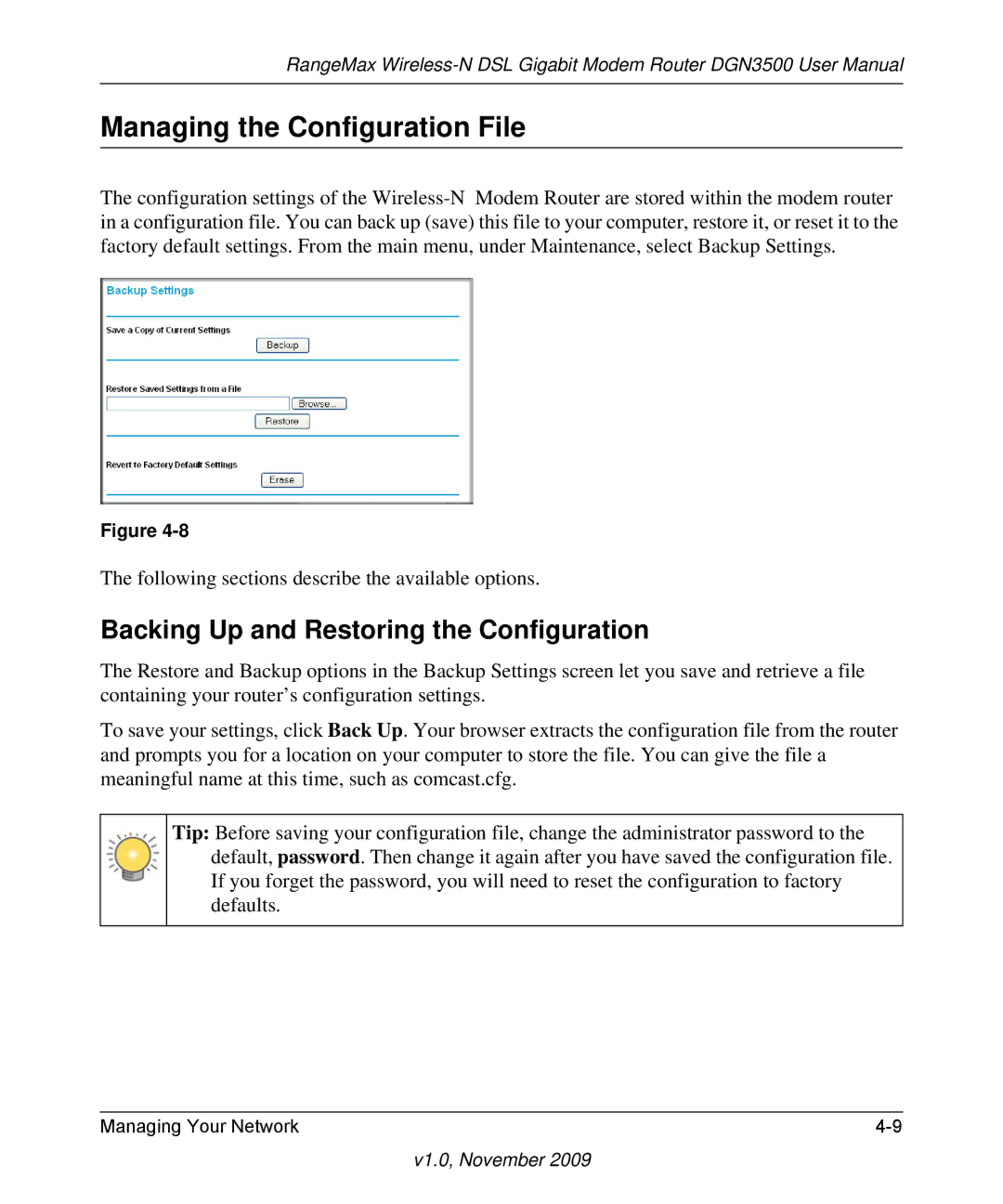 NETGEAR DGN3500-100NAS user manual Managing the Configuration File, Backing Up and Restoring the Configuration 