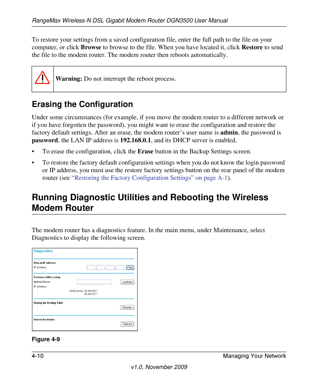 NETGEAR DGN3500-100NAS user manual Erasing the Configuration 