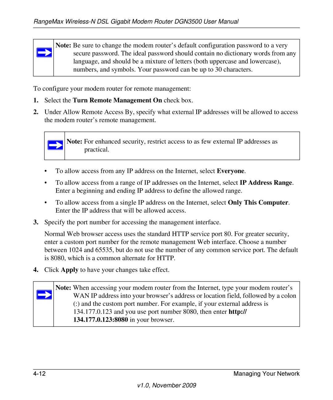 NETGEAR DGN3500-100NAS user manual Select the Turn Remote Management On check box 