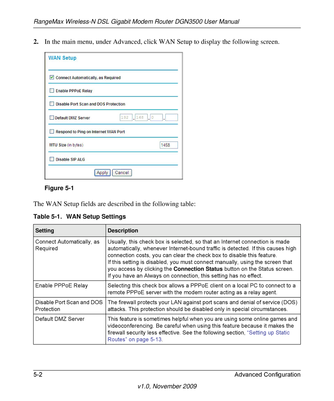 NETGEAR DGN3500-100NAS user manual WAN Setup Settings, Setting Description 