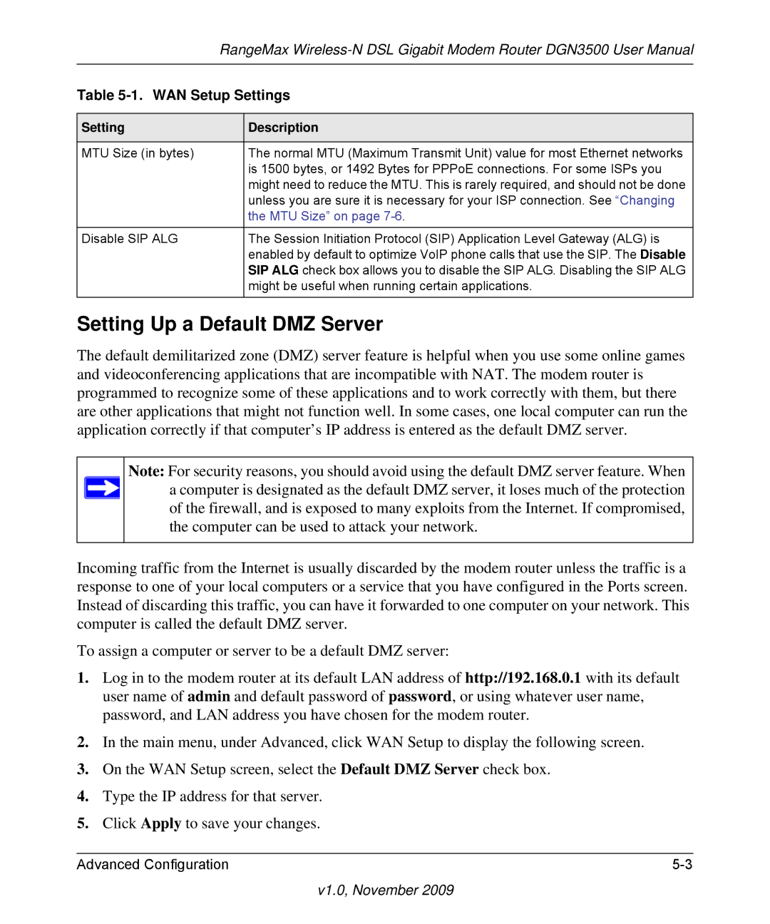 NETGEAR DGN3500-100NAS user manual Setting Up a Default DMZ Server, MTU Size on 