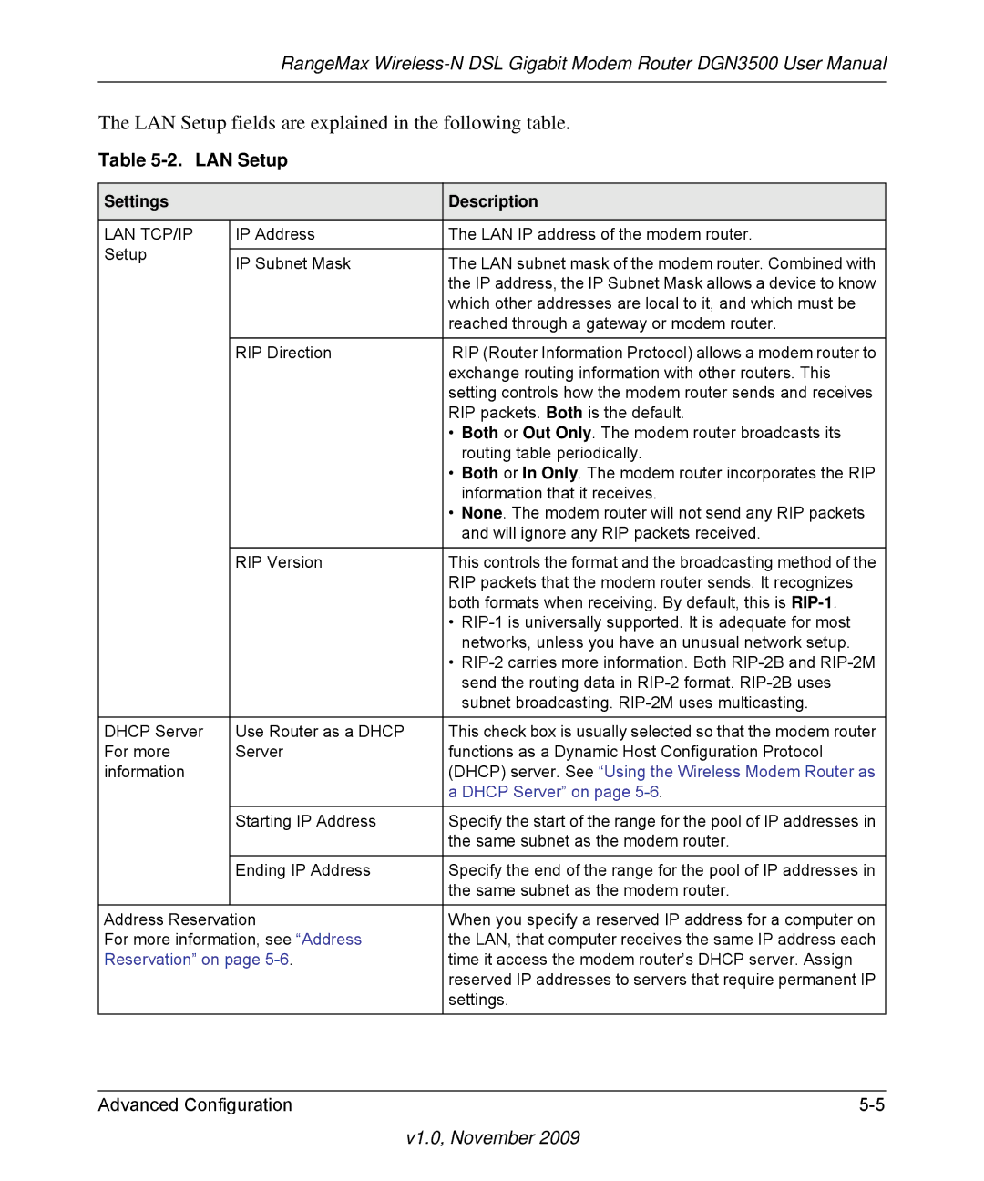 NETGEAR DGN3500-100NAS user manual LAN Setup fields are explained in the following table 