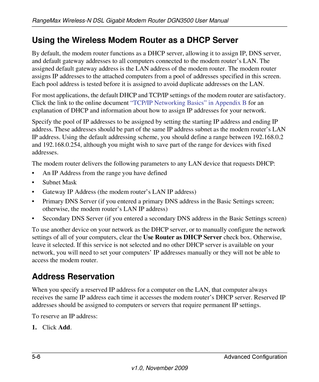 NETGEAR DGN3500-100NAS user manual Using the Wireless Modem Router as a Dhcp Server, Address Reservation 